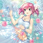  :d ahoge beamed_eighth_notes bekkankou blush breasts cleavage daitoshokan_no_hitsujikai dress flower green_eyes hand_on_own_stomach highres jewelry kodachi_nagi medium_breasts musical_note necklace open_mouth papers petals pink_hair quarter_note rose sheet_music short_hair smile solo 