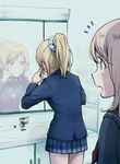  ayase_arisa ayase_eli blazer blonde_hair blue_eyes bow bowtie commentary_request green_bow green_neckwear highres jacket long_sleeves love_live! love_live!_school_idol_project miniskirt mirror multiple_girls open_mouth otonokizaka_school_uniform ponytail reflection school_uniform scrunchie siblings sink sisters skirt striped striped_bow striped_neckwear white_scrunchie yukiiti 