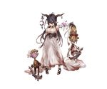  bandaged_arm bandages bangs breasts cleavage crescent danua doll draph dress finger_to_mouth frown full_body granblue_fantasy gretel_(granblue_fantasy) hair_between_eyes hair_grab hansel_(granblue_fantasy) high_heels horn_ornament horns jewelry large_breasts long_hair minaba_hideo necklace official_art pale_skin pointy_ears red_eyes solo transparent_background white_dress 