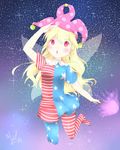  american_flag_dress american_flag_legwear artist_name blonde_hair blush breasts chestnut_mouth clownpiece fairy_wings gradient_eyes hand_up hat heart heart-shaped_pupils highres jester_cap long_hair multicolored multicolored_eyes pantyhose pink_eyes salute small_breasts solo space striped striped_legwear symbol-shaped_pupils teeth torch touhou very_long_hair wings yuikannon 