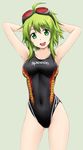  :d ahoge armpits arms_behind_head arms_up ass_visible_through_thighs blush breasts collarbone company_name competition_swimsuit covered_navel cowboy_shot fuuma_nagi goggles goggles_on_head gradient gradient_background green_background green_eyes green_hair groin gumi head_tilt highleg highleg_swimsuit medium_breasts one-piece_swimsuit open_mouth short_hair short_hair_with_long_locks smile solo speedo_(company) standing swimsuit thighs vocaloid 