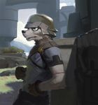  2015 anthro armor beige_eyes brown_fur building canine clothed clothing combat_helmet fur gloves helmet leather leather_armor lofi male mammal outside painting pants shaded shirt solo standing teeth white_fur 