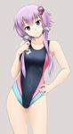  arena_(company) blush collarbone competition_swimsuit covered_navel cowboy_shot fuuma_nagi grey_background groin hair_ornament hand_on_hip head_tilt long_hair looking_at_viewer one-piece_swimsuit purple_eyes purple_hair short_hair_with_long_locks sidelocks simple_background smile solo standing swimsuit thighs vocaloid voiceroid yuzuki_yukari 