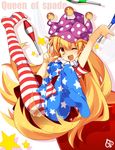  ;d american_flag_dress american_flag_legwear blonde_hair blush breasts clownpiece engrish fairy_wings hat jester_cap juggling_club kotomuke_fuurin long_hair looking_at_viewer one_eye_closed open_mouth pantyhose ranguage small_breasts smile solo star striped striped_legwear touhou v very_long_hair wings yellow_eyes 