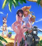  absurdres atago_(kantai_collection) beach bikini black_hair blindfold blonde_hair breasts cleavage day food fruit green_eyes ground_vehicle headgear highres kantai_collection large_breasts long_hair long_legs medium_breasts motor_vehicle motorcycle multiple_girls ohland one_eye_closed purple_hair rensouhou-chan shimakaze_(kantai_collection) short_hair smile stick suikawari swimsuit takao_(kantai_collection) tenryuu_(kantai_collection) watermelon 