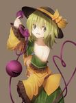  bow collarbone flat_chest floral_print green_eyes green_hair hat hat_bow heart heart_of_string highres komeiji_koishi long_sleeves minamina off_shoulder open_clothes open_mouth open_shirt phone shirt skirt solo third_eye touhou wide_sleeves 