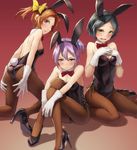  alternate_costume animal_ears ass bare_shoulders black_hair black_legwear blue_eyes blush bow bowtie breasts brown_hair bunny_ears bunny_girl bunny_tail bunnysuit cleavage detached_collar embarrassed fake_animal_ears gloves hair_ornament hair_ribbon hairclip hands_on_own_chest high_heels highres jpeg_artifacts kagerou_(kantai_collection) kantai_collection kurione_(zassou) kuroshio_(kantai_collection) leotard long_hair multiple_girls open_mouth pantyhose pink_hair ponytail ribbon shiranui_(kantai_collection) short_hair side-tie_leotard sitting small_breasts sweatdrop tail twintails wariza 
