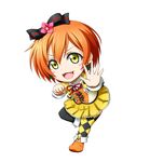  :d blush_stickers bow checkered checkered_legwear chibi clenched_hand clover_earrings fang flower full_body hair_bow hair_flower hair_ornament hoshizora_rin kuena love_live! love_live!_school_idol_project mismatched_legwear neck_ribbon open_mouth orange_hair ribbon short_hair simple_background smile solo standing standing_on_one_leg sunny_day_song thighhighs v-shaped_eyebrows white_background yellow_eyes 