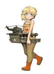  :d aircraft ankle_boots armored_troop_carrier_(boat) arrow arrow_through_heart bare_shoulders blonde_hair blue_eyes blush boat boots commentary dog_tags heart helicopter jewelry kuuro_kuro leg_up looking_away looking_to_the_side necklace open_mouth original overalls personification short_hair simple_background smile solo star walking watercraft white_background 