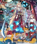  animal_ears blonde_hair blue_eyes breasts brown_hair cherry_blossoms cleavage fox_ears fox_mask fox_tail japanese_clothes katana kimura_(ykimu) large_breasts long_hair mask miko multiple_boys multiple_girls original petals red_eyes siddham sword tail torii weapon 