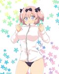  1girl blue_eyes blush bow breasts buruma clenched_hands commentary_request hair_bow hibari_(senran_kagura) jacket large_breasts looking_at_viewer mikaneco pink_hair senran_kagura senran_kagura_shoujo-tachi_no_shin'ei short_hair short_twintails smile solo symbol-shaped_pupils track_jacket twintails 