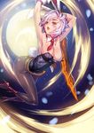  animal_ears armpits ass belt breasts bunny_ears bunny_tail bunnysuit carrot cleavage collar glove gradient gradient_background high_heels league_of_legends legs moon necktie open_mouth orange_eyes pantyhose riven_(league_of_legends) short_hair solo sword tail tie weapon white_hair 