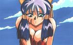  1girl bare_shoulders breasts cat_ears cleavage cloud clouds convenient_censoring defeated earring female green_eyes homay_keifletty kimura_takahiro multicolored_hair pc_engine ponytail sad sky solo steam_hearts tattoo undressing 