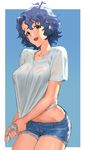  bad_id bad_pixiv_id blue_hair breasts brown_eyes covered_nipples highres idolmaster idolmaster_million_live! medium_breasts open_mouth rr_(suisse200) shirt short_hair short_shorts shorts simple_background solo toyokawa_fuuka wet wet_clothes wet_shirt 