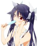  blue_hair eating food hair_ribbon long_hair ore_twintail_ni_narimasu popsicle red_eyes ribbon solo tsube_aika twintails white_background white_ribbon yuto_(dialique) 