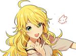  :d ahoge artist_name bad_id bad_pixiv_id blonde_hair green_eyes hoshii_miki idolmaster idolmaster_(classic) long_hair looking_at_viewer open_mouth rod_(rod4817) smile solo sweat white_background 