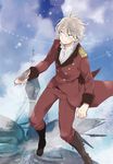  aldnoah.zero bad_id bad_pixiv_id blue_eyes boots cloud cloudy_sky day flying jusc0 landing_castle male_focus military military_uniform sanpaku silver_hair sky slaine_troyard smile solo uniform 