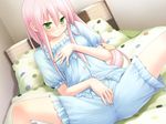  between_legs blush cafe_sourire eretto game_cg green_eyes hand_between_legs highres jpeg_artifacts long_hair mizushima_serika official_art on_bed pajamas pink_hair polka_dot short_sleeves solo spread_legs 
