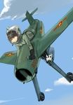  aircraft airplane ass black_gloves blue_sky bodysuit brown_hair cloud day flying gloves grin helmet kuuro_kuro mig-17 military original short_hair silver_eyes sky smile solo 