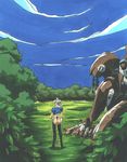  1girl albert_denomikeldy ass boots cloud clouds forest from_behind grass kimura_takahiro leotard long_boots mecha nature outdoors pc_engine puffy_sleeves revealing_clothes short_sleeves sky standing steam_hearts thigh_boots thong_leotard tree 