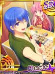  1boy 1girl :t ;d angel_beats! blue_hair eating food fuyuichi hand_on_own_cheek hinata_(angel_beats!) japanese_clothes kimono one_eye_closed open_mouth purple_eyes short_hair skewer sleeves_rolled_up smile symbol-shaped_pupils takoyaki yui_(angel_beats!) yukata 