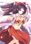  bikini bikini_skirt black_hair bow bracelet breasts brown_eyes detached_sleeves hair_bow hair_tubes hakurei_reimu jewelry long_hair long_sleeves medium_breasts midriff navel necklace ouka_(ra-raradan) petals red_bikini side_slit smile solo swimsuit touhou wide_sleeves 