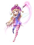  :d american_flag_dress american_flag_legwear arm_up bad_id bad_twitter_id blonde_hair clownpiece fairy_wings full_body hat jester_cap long_hair minust open_mouth pantyhose print_legwear red_eyes shirt short_sleeves simple_background smile solo star striped striped_legwear touhou very_long_hair white_background wings 