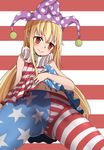  american_flag_dress american_flag_legwear blonde_hair clownpiece crotch dress dress_lift frilled_shirt_collar frills from_below hat heart heart-shaped_pupils highres jester_cap long_hair navel neck_ruff pantyhose red_eyes sleeveless smile solo star striped striped_background striped_dress striped_legwear symbol-shaped_pupils touhou very_long_hair zhayoulu 