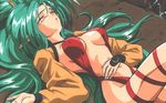  1girl bkini breasts female green_hair horns kimura_takahiro laying_down nipples pc_engine pointy_ears simple_background solo steam_hearts strap straps unconscious yea_taltekisans 