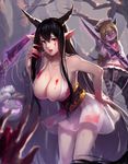  black_hair blood blood_on_breasts blood_stain bloody_clothes bloody_dress blush breasts cleavage cubies_(tiger_205) danua draph dress granblue_fantasy gretel_(granblue_fantasy) hansel_(granblue_fantasy) highres horns jewelry large_breasts long_hair necklace open_mouth pointy_ears red_eyes string sword tree weapon 