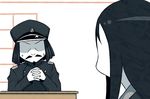  1girl abyssal_admiral_(kantai_collection) admiral_suwabe black_hair desk facial_hair goatee hairlocs hands_clasped hat kantai_collection kei-suwabe mustache own_hands_together ru-class_battleship shaded_face shinkaisei-kan sweat uniform white_skin 