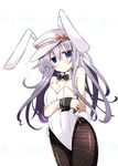  animal_ears blue_eyes bow bowtie bunny_ears bunny_tail bunnysuit detached_collar fishnet_pantyhose fishnets hibiki_(kantai_collection) highres kantai_collection long_hair pantyhose shirogane_(platinum) silver_hair solo tail verniy_(kantai_collection) wrist_cuffs 