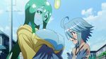  2girls animated animated_gif blue_hair breast_grab breast_lift breasts cleavage goo_girl grabbing green_eyes harpy monster_girl monster_musume_no_iru_nichijou multiple_girls nipples papi_(monster_musume) slime suu_(monster_musume) 