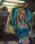  adapted_costume adjusting_hair alternate_costume arms_behind_head bangs blonde_hair blue_eyes breasts chuby_mi cleavage_cutout crop_top floating hair_tie indoors light_particles light_smile lips long_hair long_sleeves looking_at_viewer medium_breasts metroid metroid_(creature) midriff narrow_waist navel ponytail realistic samus_aran skin_tight solo swept_bangs varia_suit watermark web_address 