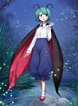  antennae cape full_body green_eyes green_hair kumadano long_sleeves looking_to_the_side mary_janes nature night open_mouth pants shirt shoes short_hair smile socks solo touhou white_legwear wriggle_nightbug 