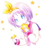  blue_eyes bow colored_pencil_(medium) dutch_angle eating hair_bow hiiragi_tsukasa leica looking_at_viewer lucky_star pink_neckwear purple_hair ryouou_school_uniform school_uniform serafuku simple_background solo star traditional_media white_background yellow_bow 