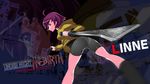  ahoge ass bike_shorts boots breasts character_name dagger dual_wielding from_behind from_below gradient gradient_background hood hoodie huge_weapon knife linne looking_back looking_down motion_blur purple_eyes purple_hair reverse_grip rowanism short_hair under_night_in-birth weapon 