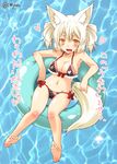  animal_ear_fluff animal_ears bikini blonde_hair breasts cleavage collarbone double_bun eyebrows fang fox_ears fox_tail hair_up innertube kohaku_(yua) large_breasts navel open_mouth original pink_bikini print_bikini side-tie_bikini slit_pupils smile solo swimsuit tail thick_eyebrows water yellow_eyes yua_(checkmate) 