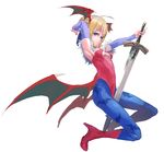  absurdres ahoge animal_print arm_up armpits artoria_pendragon_(all) bare_shoulders bat_print between_legs blonde_hair blue_eyes blue_legwear boots breasts bridal_gauntlets center_opening cleavage cleavage_cutout closed_mouth cosplay demon_girl demon_wings excalibur fate/stay_night fate_(series) feathers from_side full_body hair_bun hair_ribbon head_wings high_heel_boots high_heels highleg highleg_leotard highres holding holding_sword holding_weapon kneeling kumonji_aruto leotard lilith_aensland lilith_aensland_(cosplay) looking_at_viewer looking_back outstretched_arm pantyhose planted_sword planted_weapon print_legwear red_footwear red_leotard ribbon saber short_hair small_breasts solo strapless strapless_leotard sweatdrop sword vampire_(game) weapon wings 