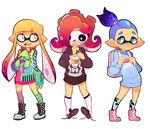  1boy 2girls alternate_costume artist_request backpack bag blue_hair blush chopsticks crossdressing domino_mask eating eyebrows fangs inkling instant_ramen kneehighs long_sleeves mask multiple_girls octarian orange_hair pointy_ears ponytail red_hair shoes simple_background smile splatoon stuffed_animal stuffed_toy sweater takozonesu thick_eyebrows thighhighs untied_shoes 