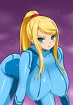  all_fours alternate_breast_size aqua_eyes bangs blonde_hair blush bodysuit breasts collarbone covered_nipples hanging_breasts high_ponytail huge_breasts long_hair looking_at_viewer metroid mole mole_under_mouth onomeshin parted_lips ponytail samus_aran scrunchie sidelocks skin_tight solo swept_bangs turtleneck zero_suit 
