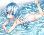  ass barefoot blue_eyes blue_hair casual_one-piece_swimsuit denpa_onna_to_seishun_otoko leg_lift long_hair lying munuu on_stomach one-piece_swimsuit smile solo sparkle swimsuit touwa_erio water wet wet_clothes wet_swimsuit 