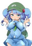  absurdres backpack bag between_breasts blue_eyes blue_hair blush breasts cucumber flanvia hair_bobbles hair_ornament hat highres kawashiro_nitori key large_breasts long_sleeves looking_at_viewer open_mouth sexually_suggestive shirt short_hair simple_background skirt solo touhou two_side_up white_background 