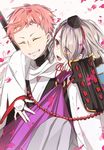  ^_^ bridal_gauntlets closed_eyes daenarys eyes_visible_through_hair grin hair_over_one_eye hat ima-no-tsurugi iwatooshi japanese_clothes kesa male_focus multiple_boys orange_hair petals red_eyes silver_hair smile tokin_hat touken_ranbu 