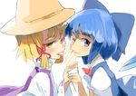  absurdres blonde_hair blush brown_eyes cirno food hat highres ice_cream ice_cream_cone licking long_hair looking_at_viewer moriya_suwako multiple_girls open_mouth sexually_suggestive sharing_food short_hair simple_background sinzan sketch smile tongue tongue_out touhou white_background wings 