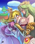  bare_shoulders blonde_hair blue_eyes blush breast_grab breast_smother breasts bursting_breasts cleavage crown dress grabbing green_hair kid_icarus kid_icarus_uprising large_breasts long_hair mario_(series) multiple_girls nintendo onichan-xd open_mouth palutena parted_lips princess_peach super_mario_bros. super_smash_bros. watermark yuri 