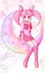  artist_name bishoujo_senshi_sailor_moon boots bow chibi_usa choker circlet crescent double_bun elbow_gloves gloves hair_ornament high_heel_boots high_heels highres knee_boots pink pink_choker pink_footwear pink_hair pink_sailor_collar pleated_skirt po_yu red_bow red_eyes sailor_chibi_moon sailor_collar sailor_senshi_uniform sitting skirt solo star starry_background twintails 