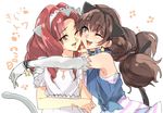  akagi_towa amanogawa_kirara animal_ears arms_around_neck blush braid bridal_gauntlets brown_hair cat_ears cheek-to-cheek chin_grab choker commentary_request go!_princess_precure hareta multiple_girls ponytail precure red_eyes red_hair ringlets shirt smile star striped striped_shirt tail tied_shirt 