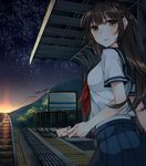  bangs blouse blue_skirt brown_eyes brown_hair dusk from_side long_hair looking_at_viewer looking_back mountain neckerchief open_mouth original outdoors parted_lips pleated_skirt railroad_tracks rinarisa school_uniform serafuku shirt short_sleeves skirt sky solo star_(sky) starry_sky sunset tactile_paving ticket train_station train_station_platform white_blouse 