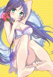  aqua_eyes barefoot bikini_skirt breasts flower frills hair_flower hair_ornament hair_over_shoulder hand_behind_head large_breasts long_hair looking_to_the_side love_live! love_live!_school_idol_project midriff open_mouth polka_dot polka_dot_background purple_hair satoimo_chika sitting soles solo swimsuit thighs toujou_nozomi twintails very_long_hair yellow_background 